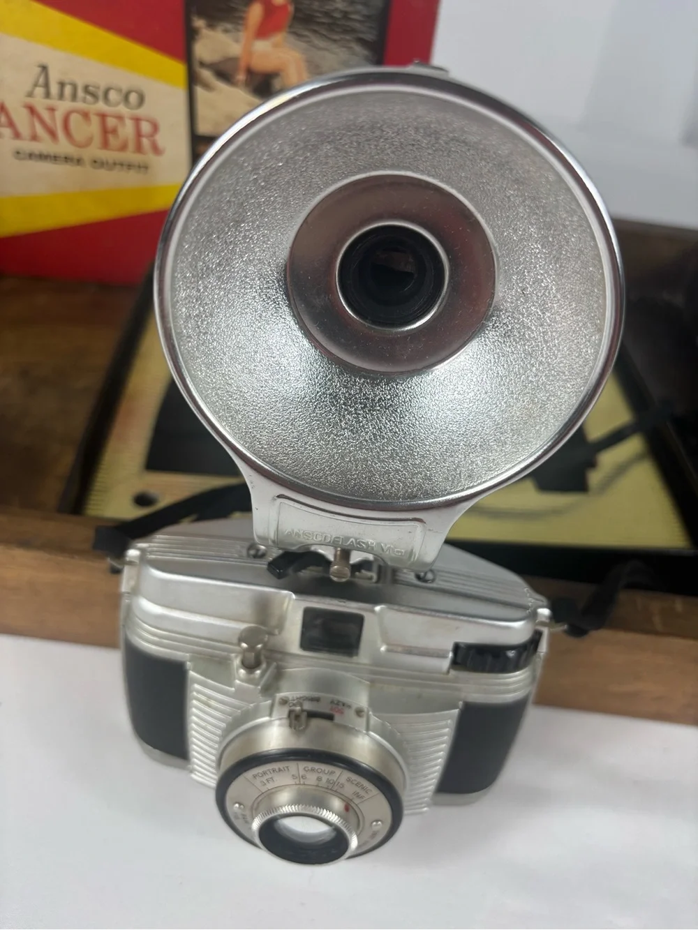 Vintage Ansco Lancer Camera Outfit w/ Flash & Original Box Untested 1950s